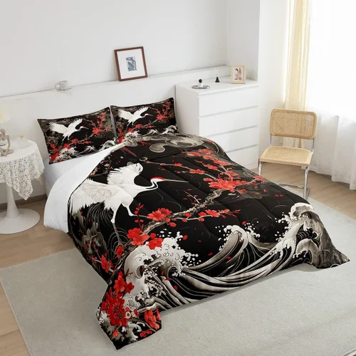 Miniatura 4 de Manfei Juego de edredón de flor de cerezo para niños, tamaño individual, juego de ropa de cama de animales salvajes con grúa Ukiyo-e japonés