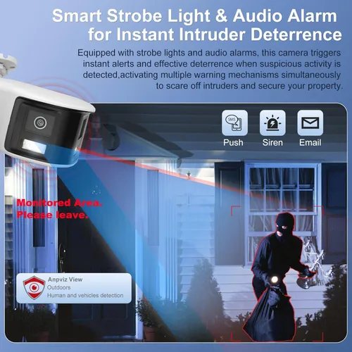 Miniatura 3 de Anpviz Cámara de seguridad de doble lente de 180° 6MP, vista panorámica de 180 grados, cámara IP POE con cable, luz de destello estroboscópica roja