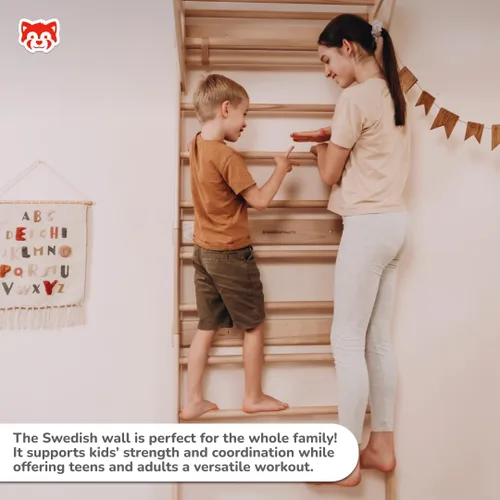 Miniatura 8 de Woodandhearts - Escalera sueca ajustable para juego activo en interiores con escalera de cuerda, anillos de gimnasia, cuerda de columpio y escalada