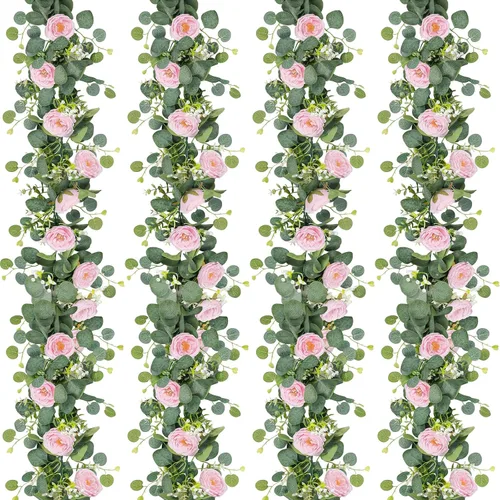 Miniatura 15 de TOCHGREEN Paquete de 4 Guirnaldas de Flores de Eucalipto Artificial con Rosas Blancas, Guirnalda de Flores de Rosa Falsa Vegetación Enredaderas