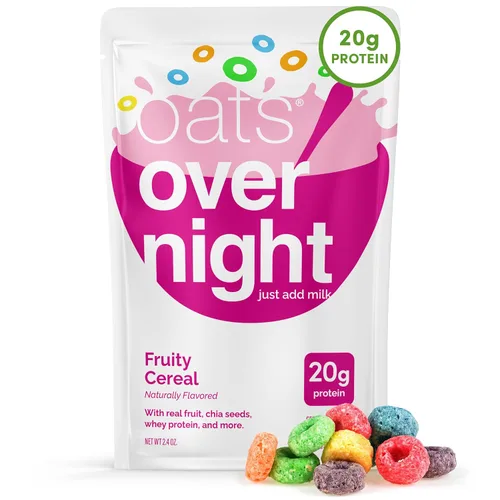 Oats Overnight Fruity Cereal - Avena durante la noche con 0.71 onzas de proteína, batido de proteína de desayuno alto en fibra, avena sin gluten,