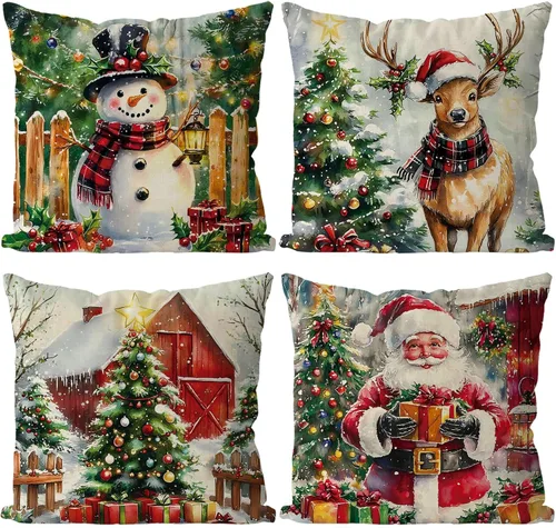 Miniatura 6 de Juego de 4 fundas de almohada de Navidad, muñeco de nieve, Papá Noel, Derr, decoración de Navidad, para el hogar, sofá, sala de estar, funda