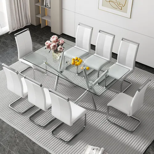 Miniatura 36 de Juego de 8 mesas de comedor de cristal, moderno juego de mesa de comedor de 71 pulgadas con 8 sillas de comedor tapizadas de piel sintética