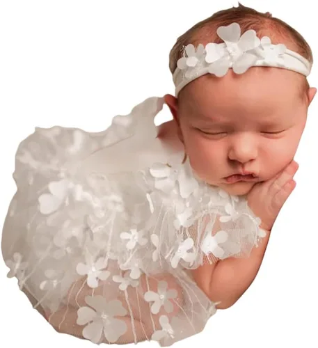 Miniatura 12 de Traje de fotografía para bebé, traje de encaje para recién nacido, sesión de fotos, diadema de flores, disfraz de princesa beige a