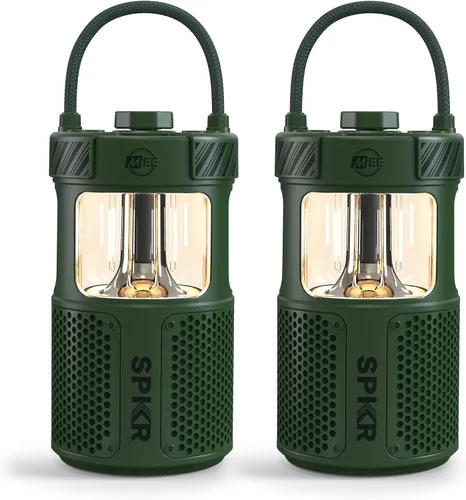 MEE audio lightSPKR Paquete de 2 altavoces inalámbricos Bluetooth con linterna de campamento: audio de 360°, impermeable IPX6 y ajuste de brillo