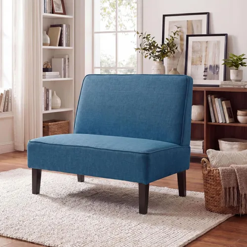 Acolchado Lino sin brazo settee Loveseat sofá Home informal sala dormidor, Tela, Azul