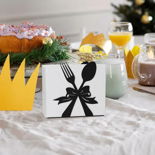 Miniatura 6 de Soporte de servilletas moderno de pie para mesa, dispensador de servilletas de metal negro, estilo con tema de tenedor y cuchara, adecuado