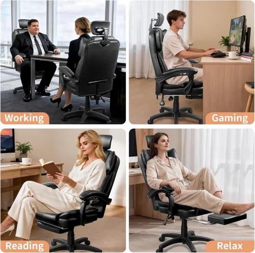 Miniatura 8 de Silla de oficina grande y alta, cómoda silla ergonómica de cuero para computadora con reposacabezas, respaldo alto, silla ejecutiva reclinable