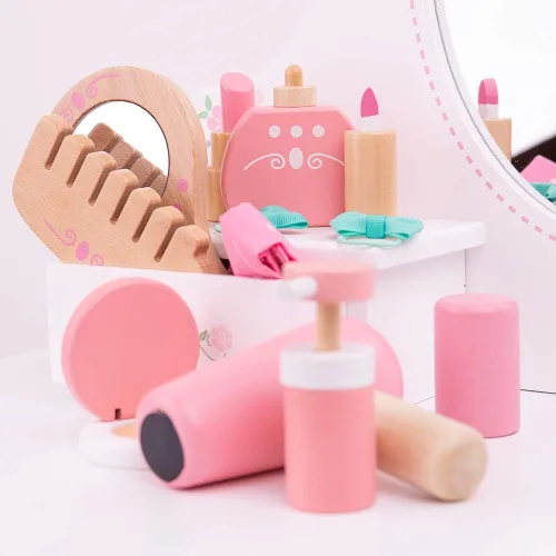 Miniatura 7 de Bigjigs Toys Estuche de madera para niños, kit de tocador de 11 piezas y accesorios con bolsa de transporte de lunares rosados, juguete ideal