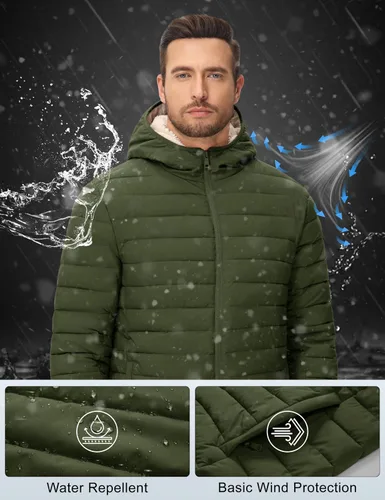 Miniatura 3 de MAGCOMSEN Chaqueta acolchada para hombre con capucha, forro de vellón, chaqueta térmica resistente al agua, chaqueta de plumón con cremallera