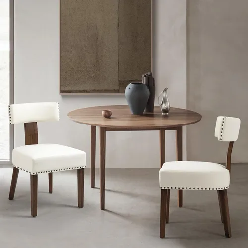 Miniatura 28 de Juego de 4 sillas de comedor, sillas de cocina de tela tapizada en madera, silla acolchada de lino sin brazos con respaldo curvo acentuado