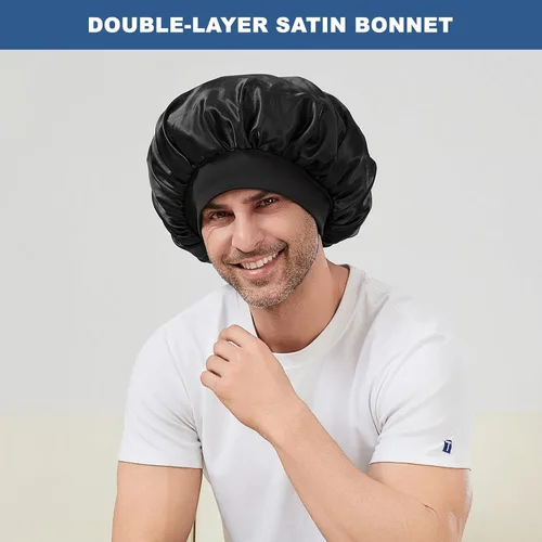 Miniatura 7 de Gorro para hombre, gorro de doble capa para dormir, gorro de dormir ajustable con banda elástica, gorros de satén de seda para trenzas de cabello