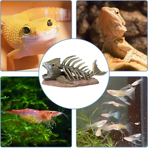Miniatura 7 de kathson Decoraciones de pecera de resina, esqueleto de piraña, decoración de acuario, accesorios de tanque de reptiles, adorno de hueso de pescado