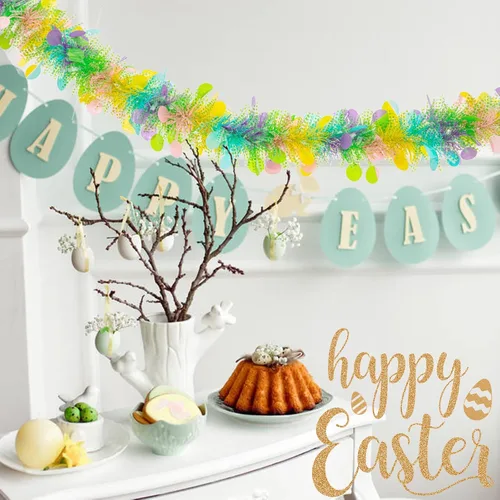 Miniatura 8 de Guirnalda de oropel de Pascua de 33 pies con diseño de huevo de Pascua metálico con confeti, guirnalda colgante de primavera, decoración para árbol