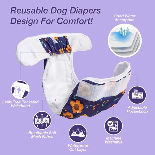 Miniatura 2 de Pet Soft Pañales lavables para mujer (paquete de 3) – Pañales para perros femeninos, cómodos pañales reutilizables para perritos en el calor