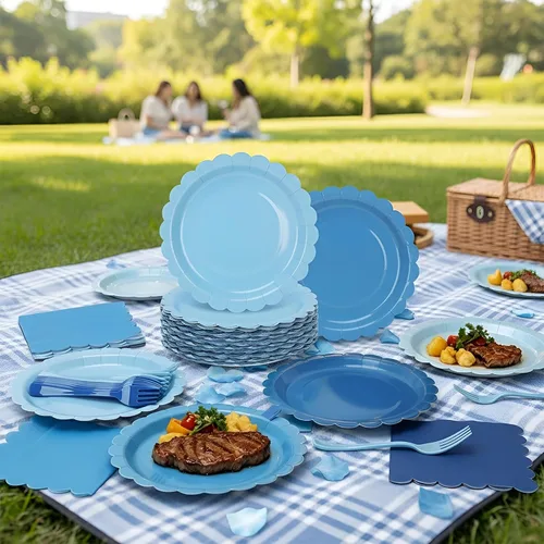 Miniatura 4 de Platos y servilletas de papel azul, incluye 24 platos azules degradados de 9 pulgadas, servilletas, tenedores, suministros de fiesta
