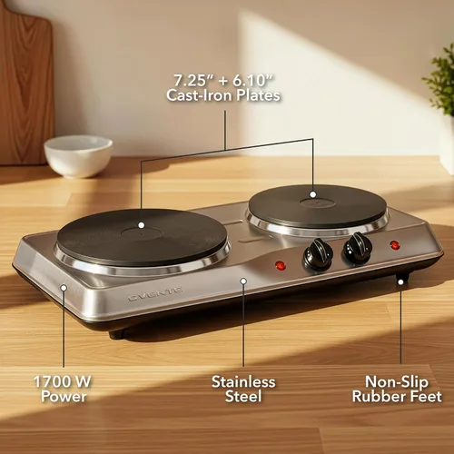 Miniatura 3 de OVENTE - Quemador eléctrico de doble encimera, 1700W, olla de cocina con placas calientes de hierro fundido de 7.25" y 6.10", control de BGS102S