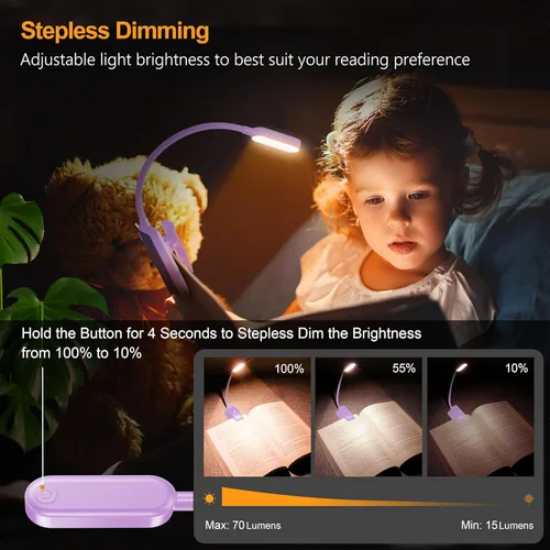 Miniatura 3 de Gritin Luz de libro recargable de 16 LED para leer en la cama, cuidado de los ojos, 3 temperaturas de color, brillo de atenuación continua, 80 horas