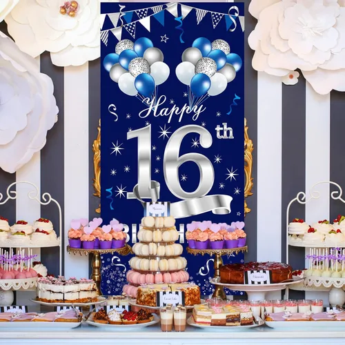 Miniatura 3 de Turypaty Cartel azul plateado para puerta de cumpleaños número 16, decoración para puerta de cumpleaños de 16 años, suministros de fiesta