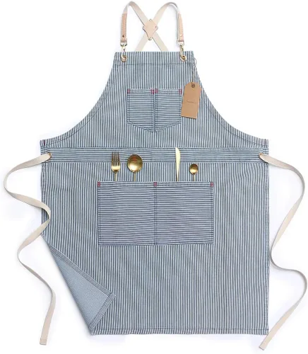 Jeanerlor Delantales de mezclilla a rayas azules para mujeres y hombres, delantal de mezclilla con espalda cruzada, cuello ajustable, unisex, con 4