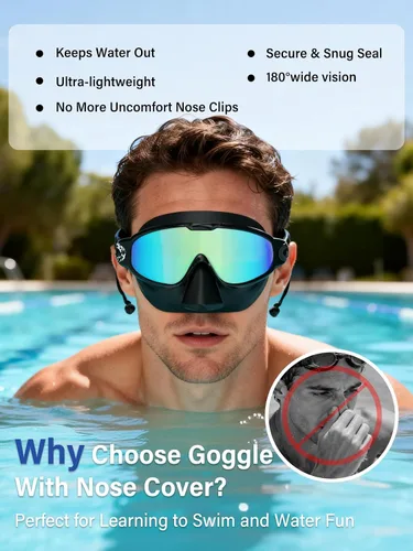 Miniatura 2 de Gafas de natación para adultos con cubierta de nariz para hombres y mujeres, paquete de 2 gafas de natación de visión amplia, antivaho, UV, sin