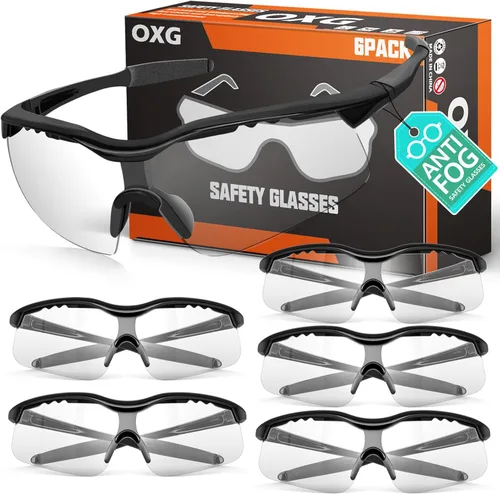 OXG Paquete de 6 gafas de seguridad antivaho ANSI Z87+ resistentes a los impactos y arañazos para trabajo, laboratorio, construcción