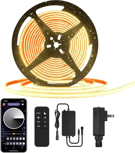 50 pies de tira LED COB para exteriores IP67 impermeable, 3000K blanco cálido DC24V tiras de cuerda LED flexibles con control remoto y aplicación