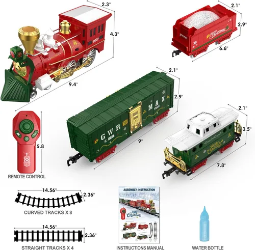 Miniatura 7 de Hot Bee Juego de tren de Navidad con control remoto, juguetes de tren con humo, luces y sonido, juegos de tren de Navidad para alrededor del árbol