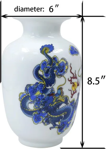 Miniatura 5 de Dahlia Jarrón azul y blanco, florero de porcelana china hecho a mano, diseño de dragón, forma de melón de 8.5 pulgadas Motivo de dragón
