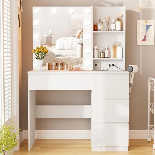 Miniatura 9 de Fameill Tocador de maquillaje con luces, escritorio de tocador de 37 pulgadas con espejo y luces, 4 cajones, 3 modos de iluminación, brillo