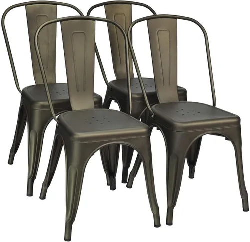 Miniatura 11 de COSTWAY Tolix - Sillas de comedor estilo industrial, apilables, de metal, con asiento de madera, juego de 4 (color blanco y marrón)