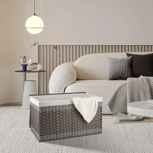 Miniatura 6 de OIAHOMY Cesta de almacenamiento con tapa, cesta de mantas de 42.3 galones (160L) con forro extraíble, cesta de mimbre sintético con asa, plegable