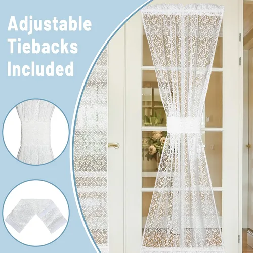 Miniatura 4 de Juego de 2 cortinas traslúcidas blancas para puerta francesa, 25 x 72 pulgadas, cortinas de gasa de encaje con ramas y hojas botánicas para patio