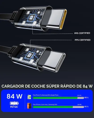 Miniatura 3 de Adaptador de Carga de Coche Retráctil para iPhone 17, Cargador de Coche para Teléfono 4 en 1 de Carga Rápida, Accesorios para Coche y Camión USB C