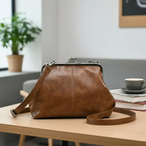 Miniatura 4 de Kiss Lock - Bolso cruzado vintage para mujer, de piel sintética retro, bolso de mano de noche, bolso grande marrón para otoño e invierno