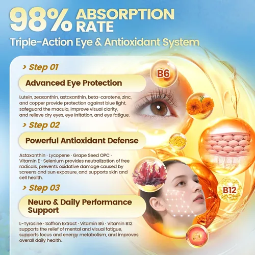 Miniatura 3 de VivoNu Luteína 40 mg con zeaxantina + astaxantina 12 mg - Soporte ocular 14 en 1 y suplemento antioxidante - Licopeno, semilla de uva y vitamina E
