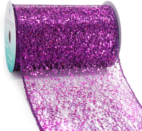 Miniatura 13 de Cinta con alambre de malla brillante con purpurina de 6 x 10 yardas, color negro para decoración del hogar, lazo para envolver regalos
