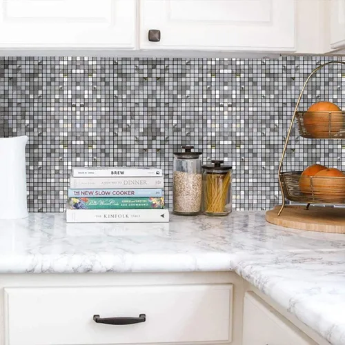 Miniatura 5 de 10 hojas autoadhesivas de mosaico de aluminio para despegar y pegar, paneles de pared 3D para cocina y baño (12 x 12 pulgadas, bronce)