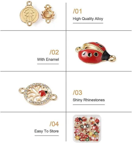 Miniatura 4 de KISSITTY 26 dijes de mariquita para hacer joyas, ganchillo, manualidades, decoración, esmalte de flores, mariquitas, cristales de diamantes