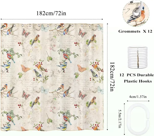 Miniatura 4 de Juego de cortinas de ducha de ramas de pájaro retro, cortinas de ducha de tela de poliéster impermeable con 12 ganchos para decoración del hogar, 72