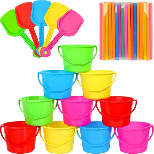Juego de cubos de arena y palas para niños, cubo de playa de plástico con 100 pajitas para regalos de fiesta de verano (10 juegos)