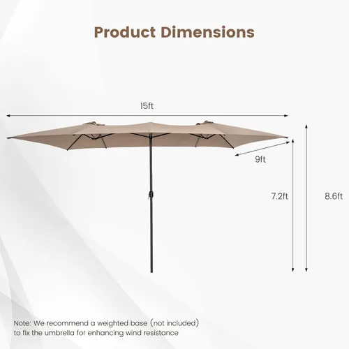 Miniatura 5 de Tangkula Sombrilla de patio de doble cara de 15 pies con manivela, parte superior ventilada, sombrilla rectangular grande para exteriores con Café