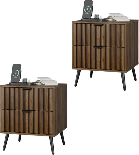 Miniatura 11 de Smuxee Mesita de noche de madera de nogal con 2 cajones, mesita de noche de mediados de siglo con puertas de tablero de ajedrez en relieve, mesita