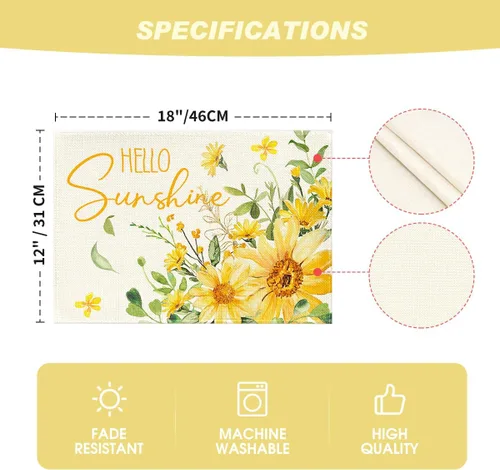 Miniatura 7 de Artoid Mode Hello Sunshine - Juego de 4 manteles individuales de verano con girasol, 12 x 18 pulgadas, para decoración de fiestas, cocina, comedor