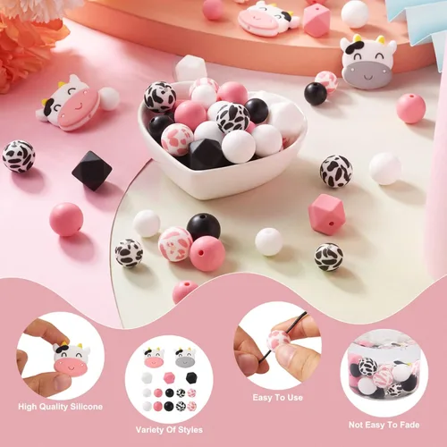 Miniatura 2 de FASHEWELRY 100 cuentas de silicona de vaca, cuentas focales de animales de 0.59 y 0.47 pulgadas, estampado de vaca rosa y negro para manualidades