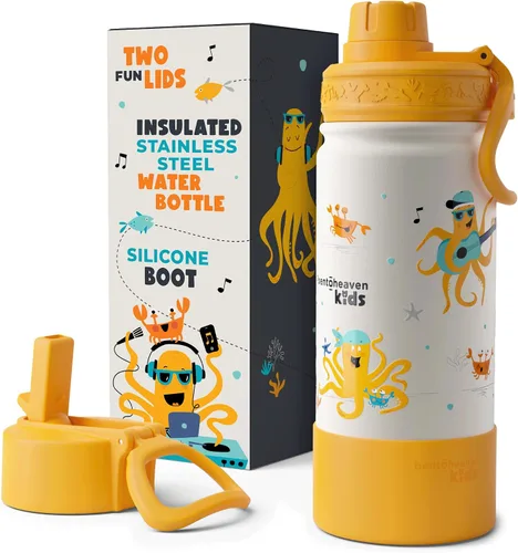 Miniatura 10 de Bentoheaven Botella de agua para niños de acero inoxidable para niños y niñas, 2 tapas (pico y pajita), asa y bota de silicona, vaso aislado
