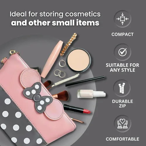 Miniatura 5 de Bolsa de maquillaje rosa murina, bolsas de cosméticos rosadas, organizador de artículos de tocador con lunares blancos, organizador de maquillaje