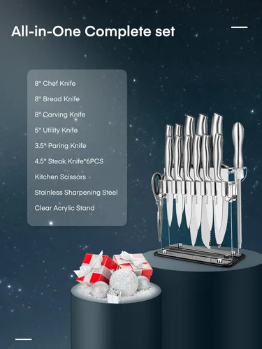 Miniatura 9 de D.Perlla Juego de cuchillos de cocina de 14 piezas con soporte para cuchillos de acrílico transparente, cuchillo de chef súper afilado de acero