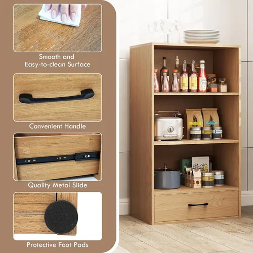 Miniatura 7 de GOFLAME Estantería pequeña de 4 niveles con cajón de almacenamiento, estantería de madera de 42.5 pulgadas con 3 estantes abiertos, moderno, Natural