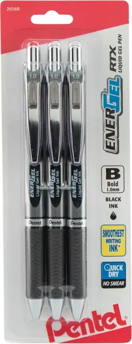 Pentel EnerGel RTX - Bolígrafo de gel líquido retráctil, línea gruesa, punta de metal, tinta negra, paquete de 3 unidades (BL80BP3A)